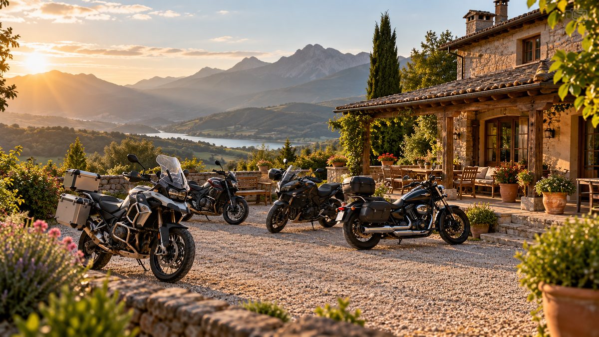 Motocicletas reunidas em uma parada da viagem